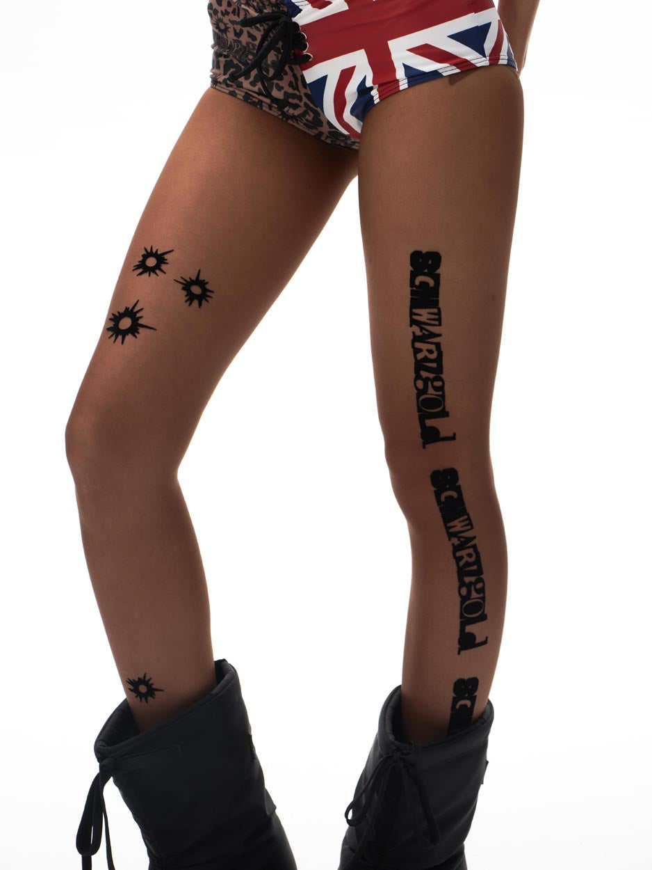 Distressed Letter Print Sheer Brown Tights