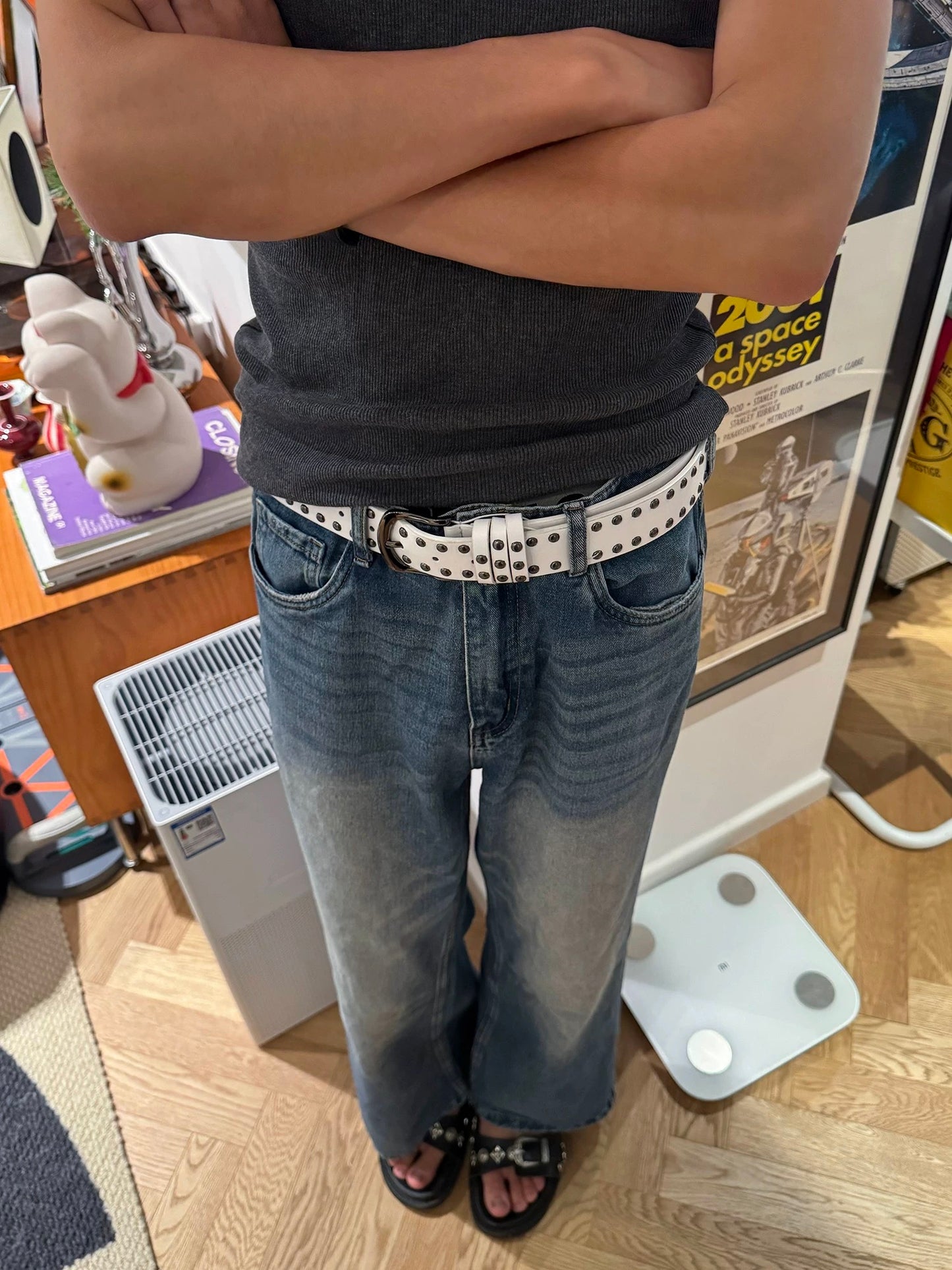Black and white punk rivet belt