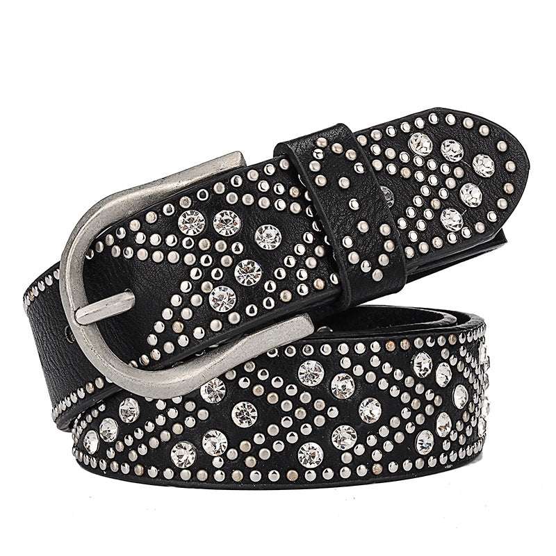 Rhinestone Studded Zinc Alloy Buckle Belt
