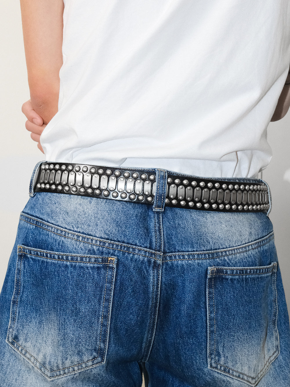 Genuine Leather Square Buckle Studded Belt