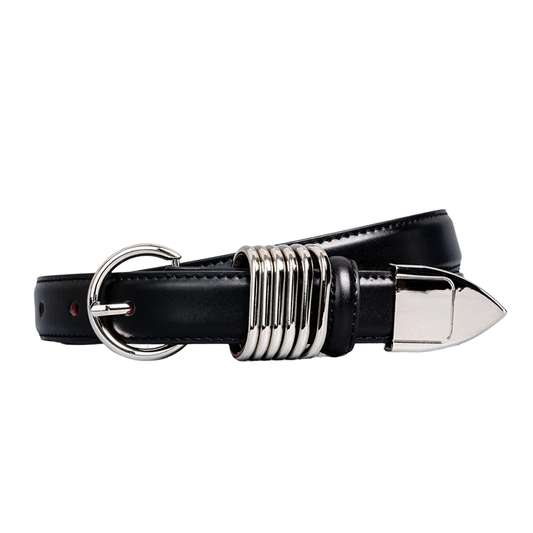 Minimalist Silver Ring Black Leather Belt