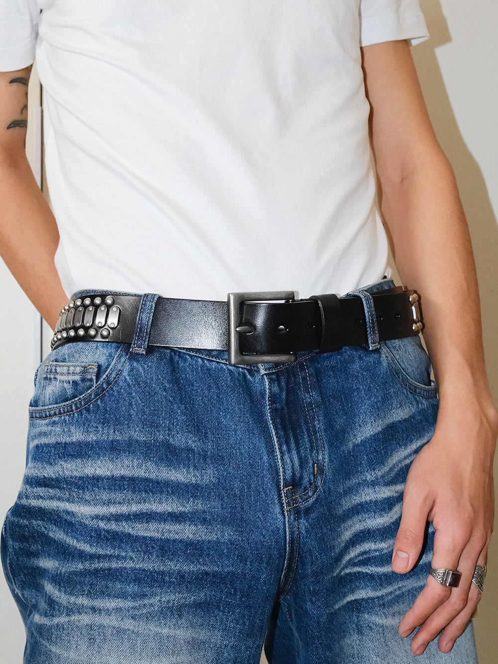 Genuine Leather Square Buckle Studded Belt