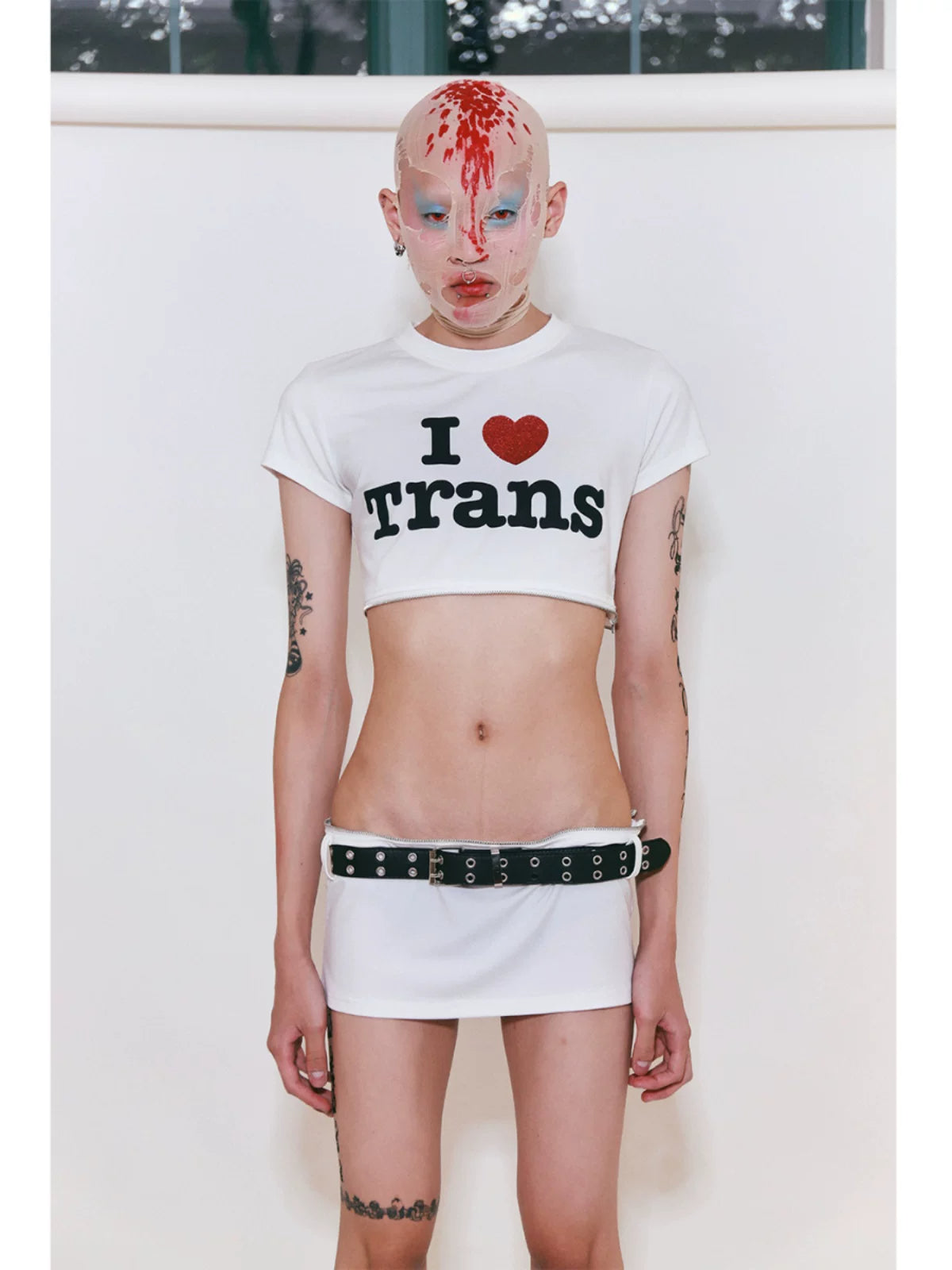 I Love Trans Zip-Off Convertible Baby Tee - White cropped top with mini skirt front