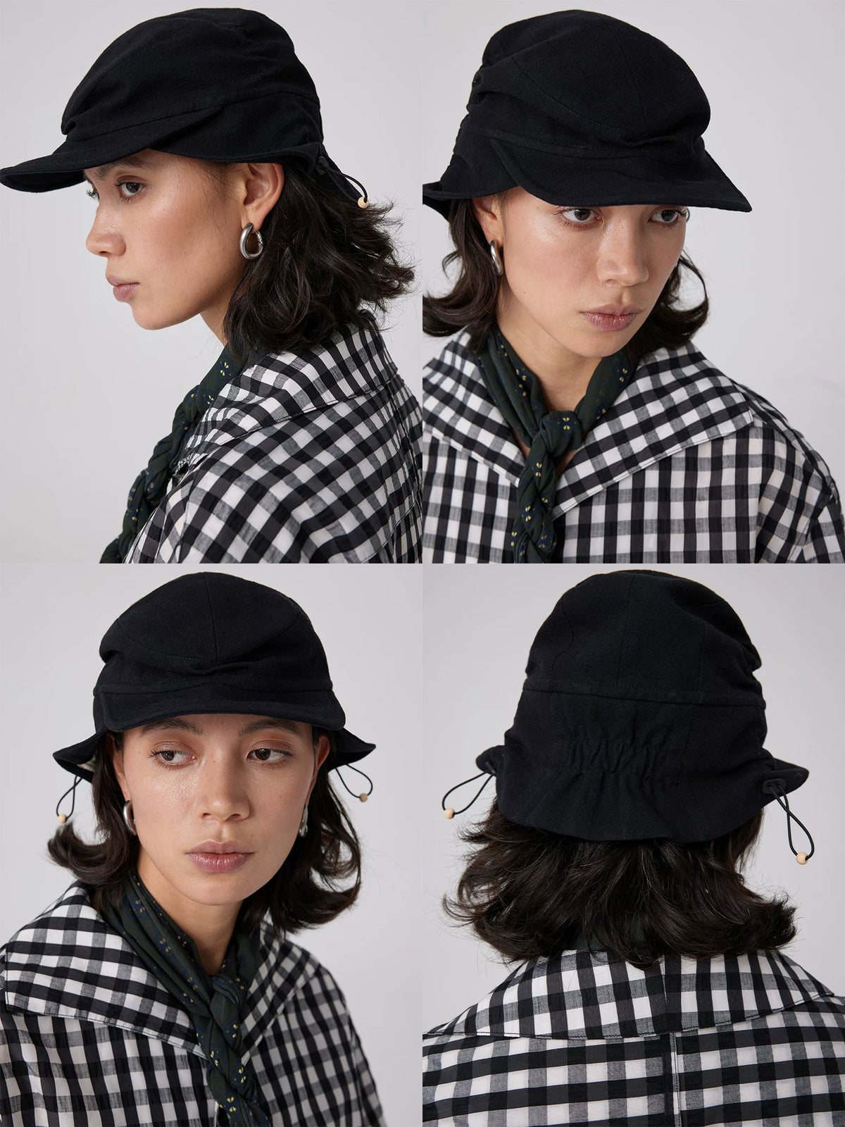 Simple Project Ruched Cotton Linen Hunter Cap - Black collage of front, side and back views