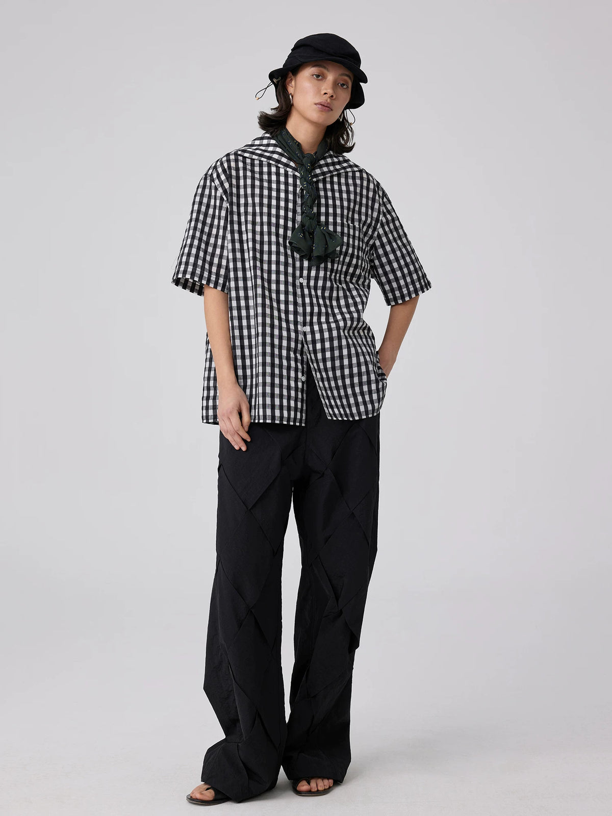 Simple Project Ruched Cotton Linen Hunter Cap - Black styled with gingham shirt full look