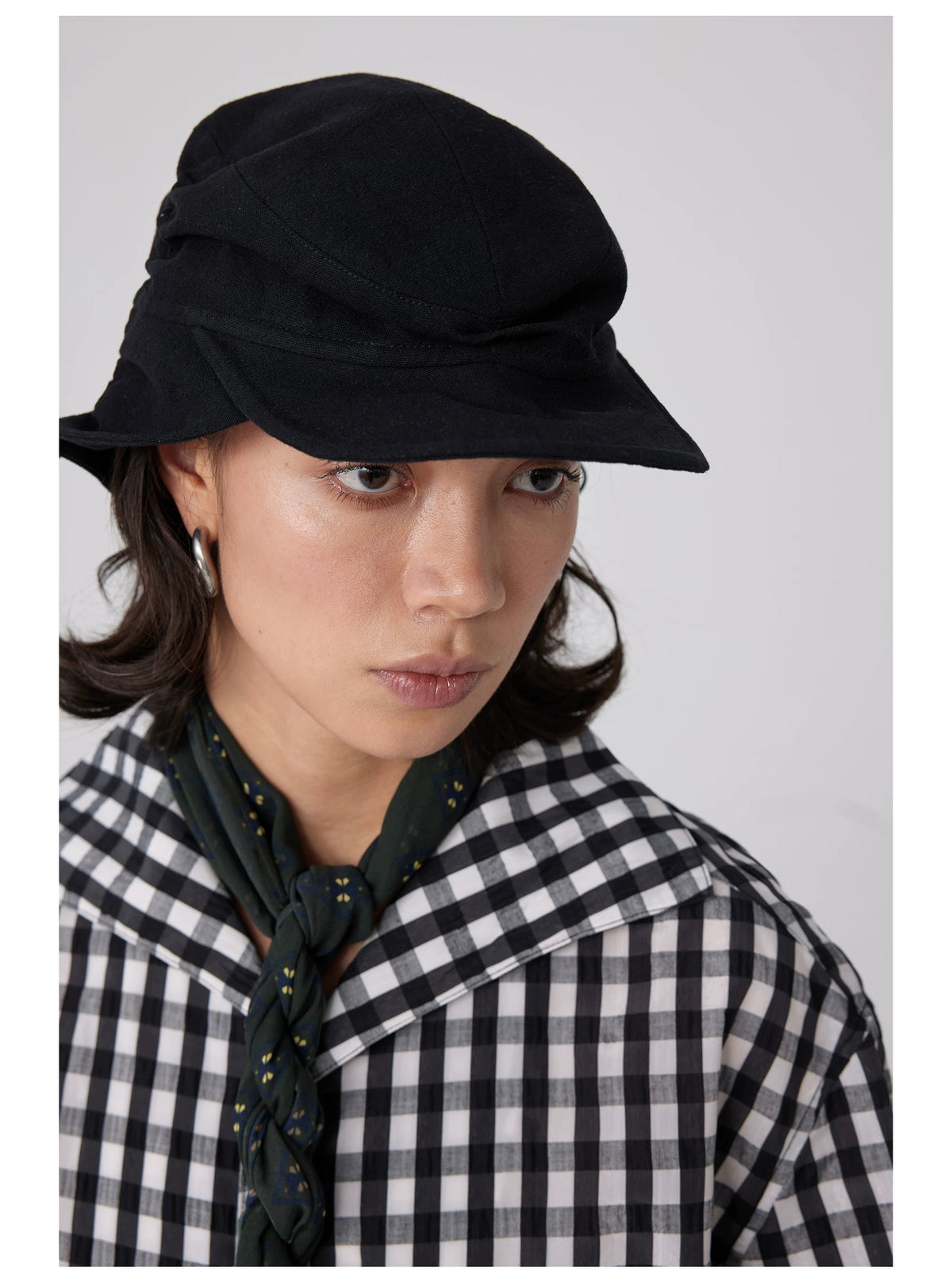 Simple Project Ruched Cotton Linen Hunter Cap - Black front close-up with drawcords