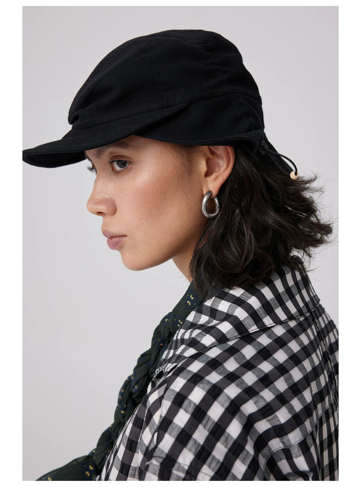 Simple Project Ruched Cotton Linen Hunter Cap - Black side view with short peak