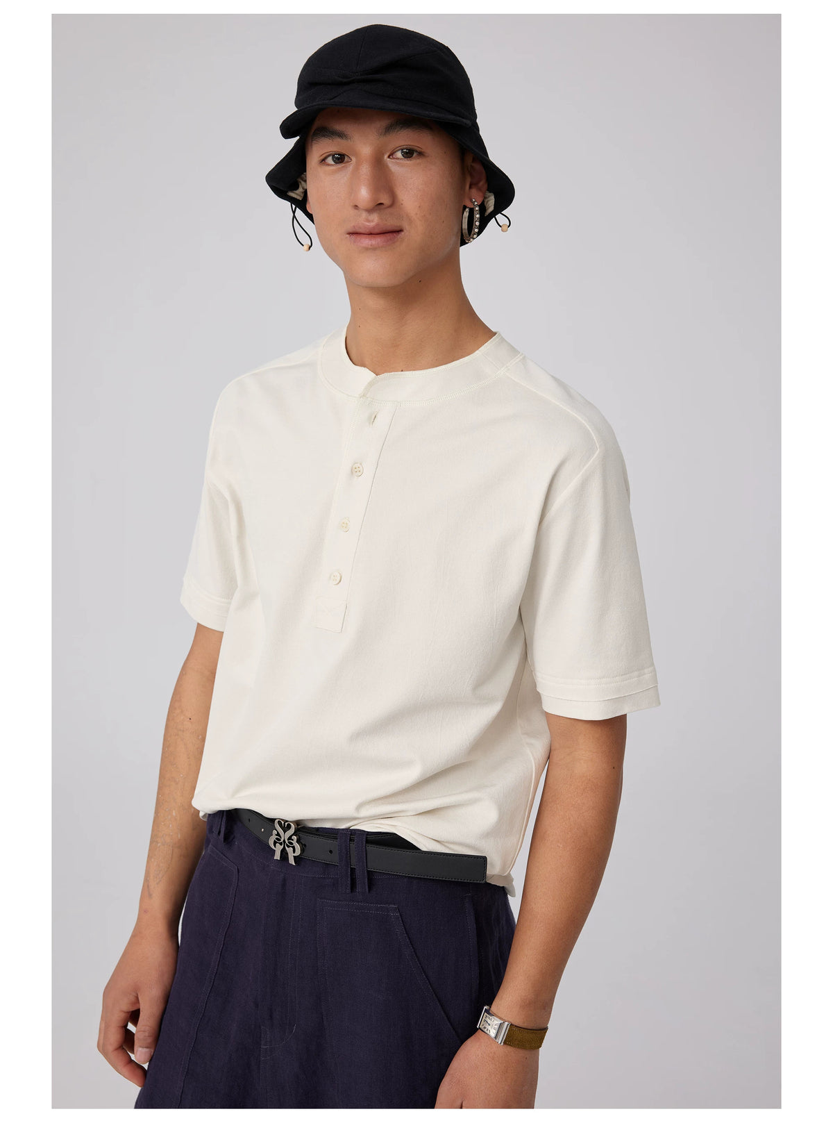 Simple Project Ruched Cotton Linen Hunter Cap - Black styled on male model