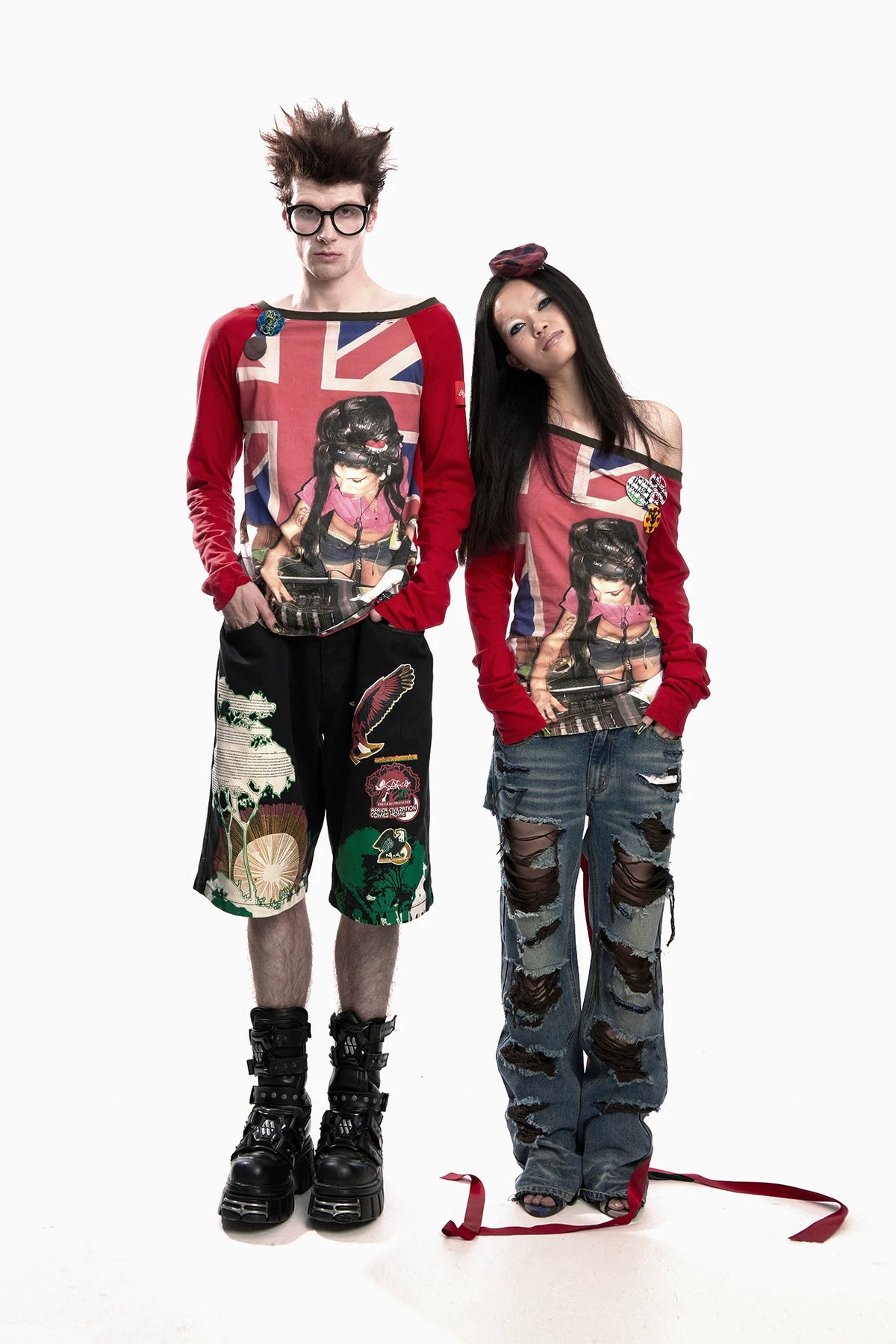 Union Jack DJ Girl Print Raglan Long Sleeve Tee - Red couple outfit