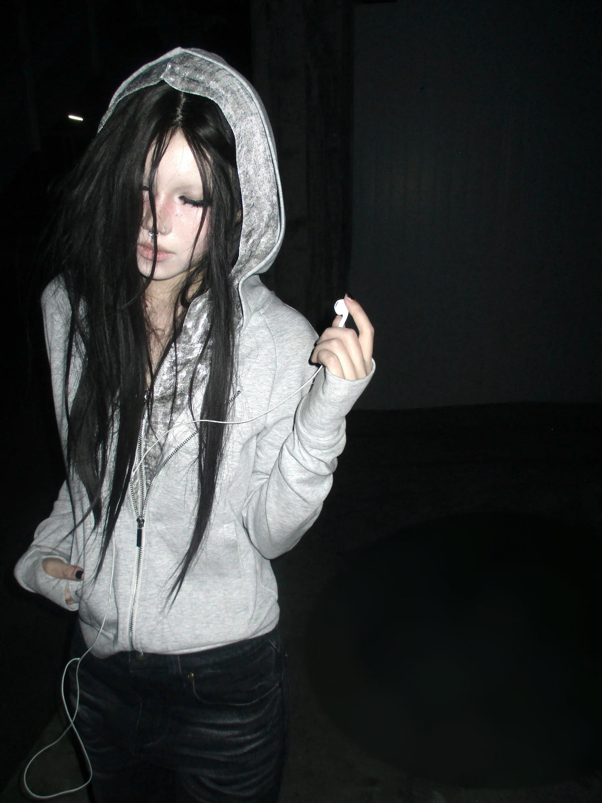 Silver Leopard Layered Zip-Up Hoodie - model with hood up