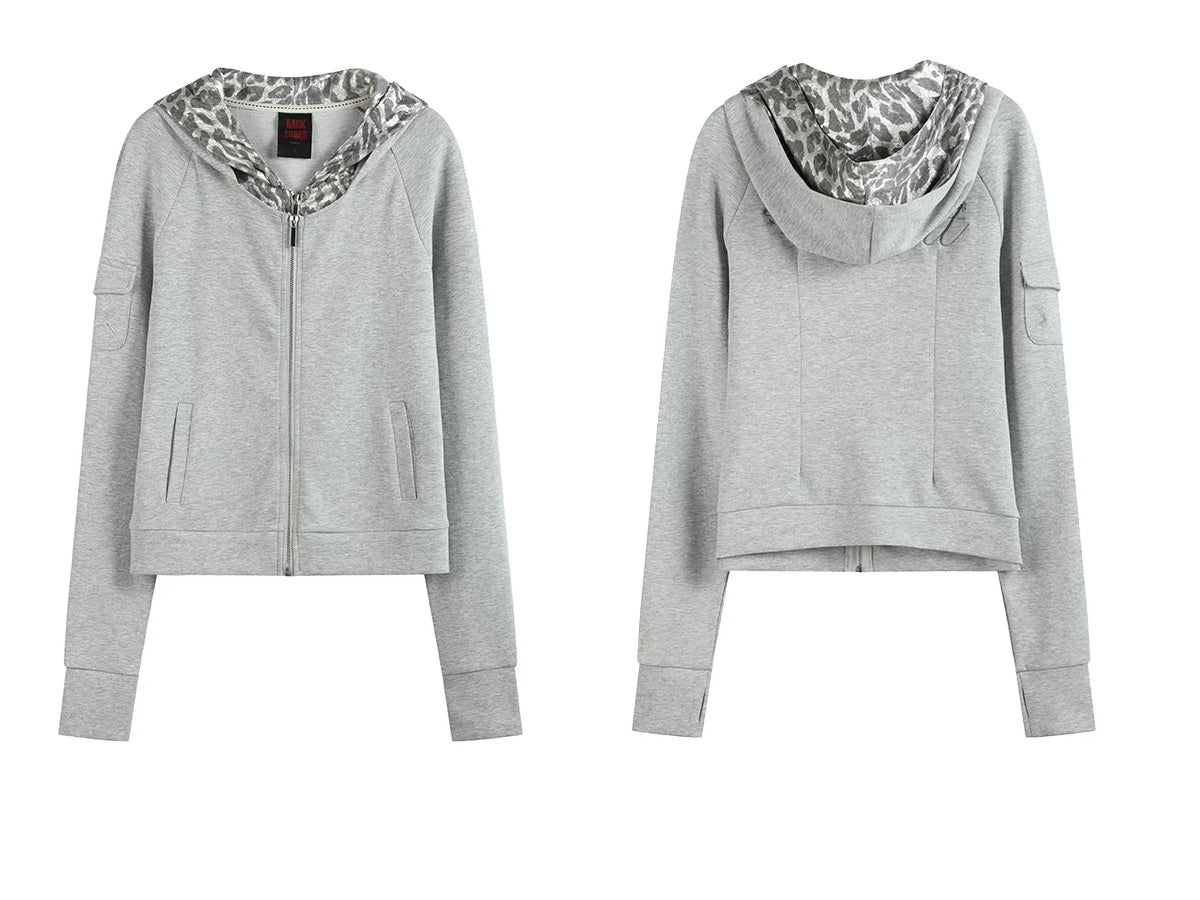 Silver Leopard Layered Zip-Up Hoodie - flat lay front and back