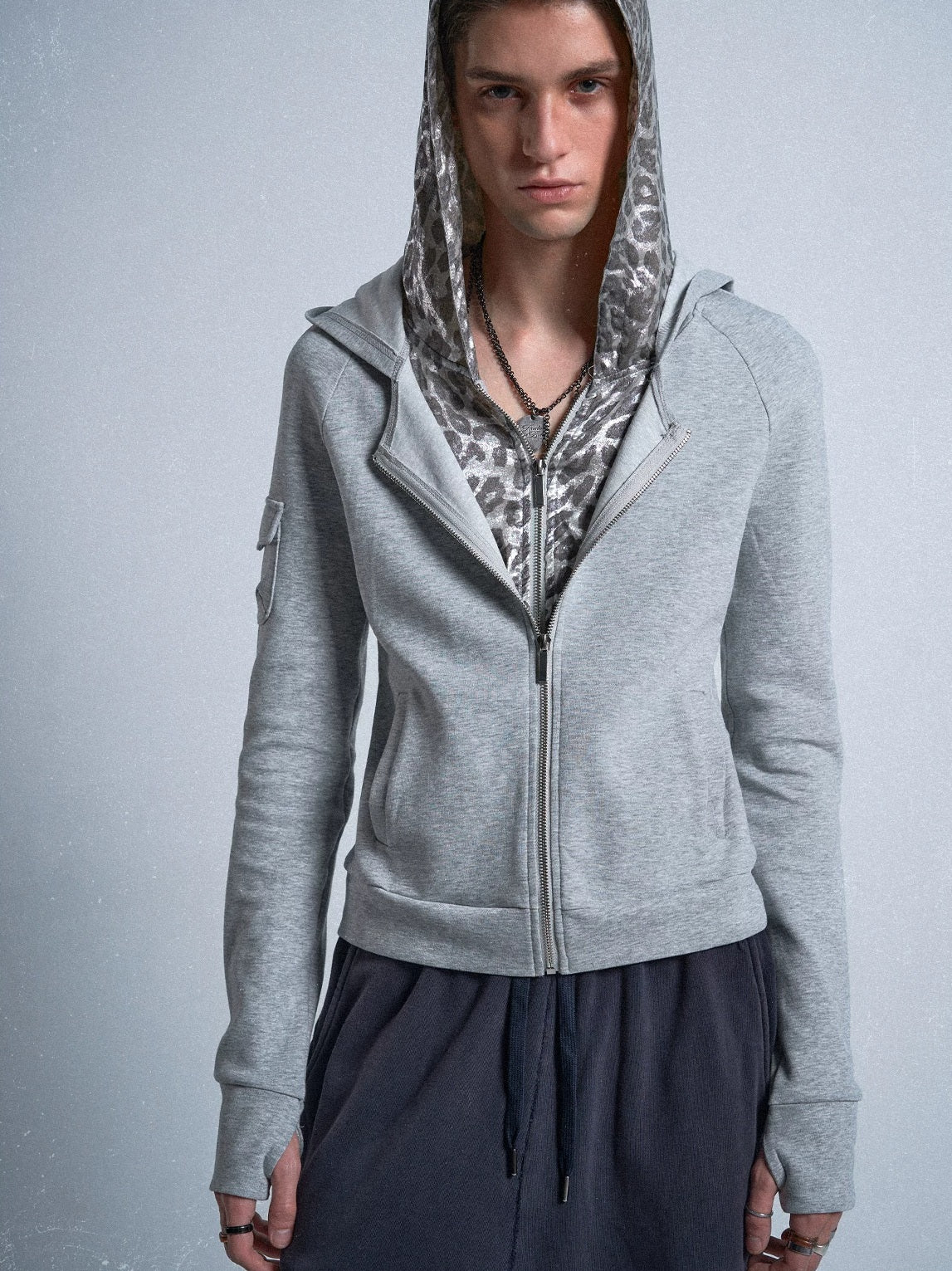 Silver Leopard Layered Zip-Up Hoodie - studio front