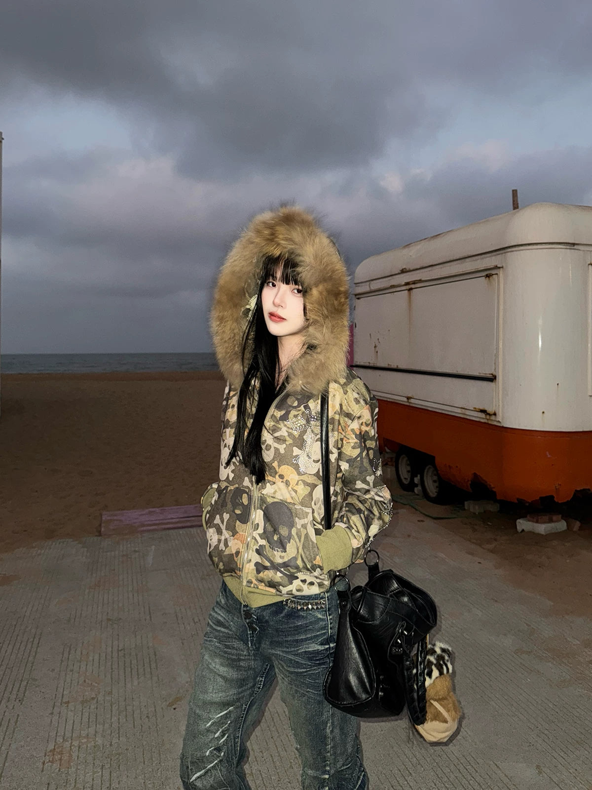 Skull Camo Fur Hood Cropped Zip Jacket - outdoor street look