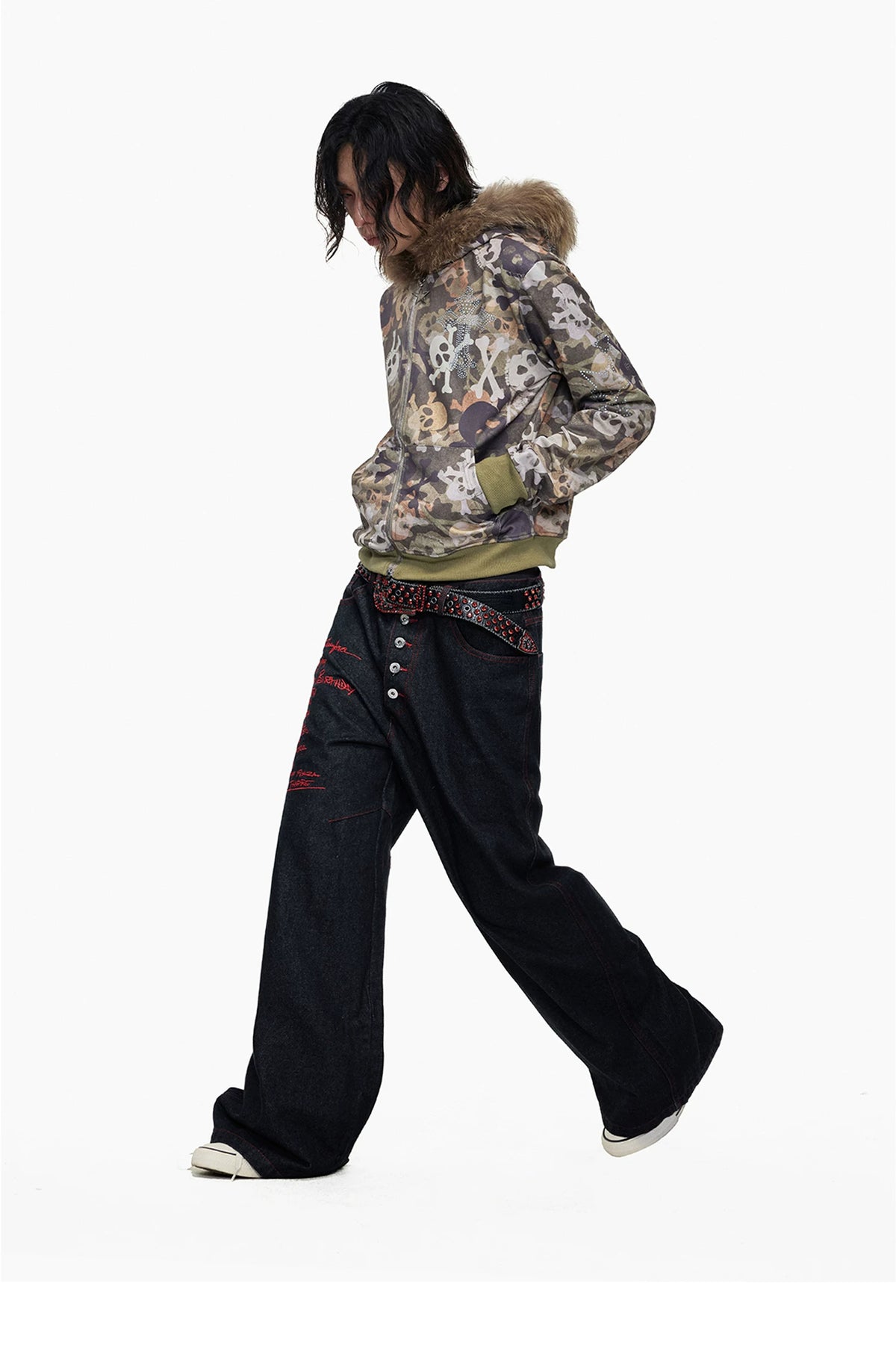 Skull Camo Fur Hood Cropped Zip Jacket - hood detail side