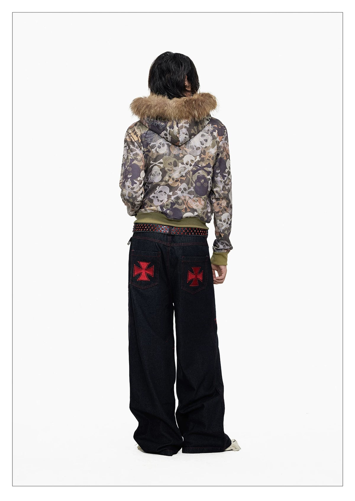 Skull Camo Fur Hood Cropped Zip Jacket - full look front