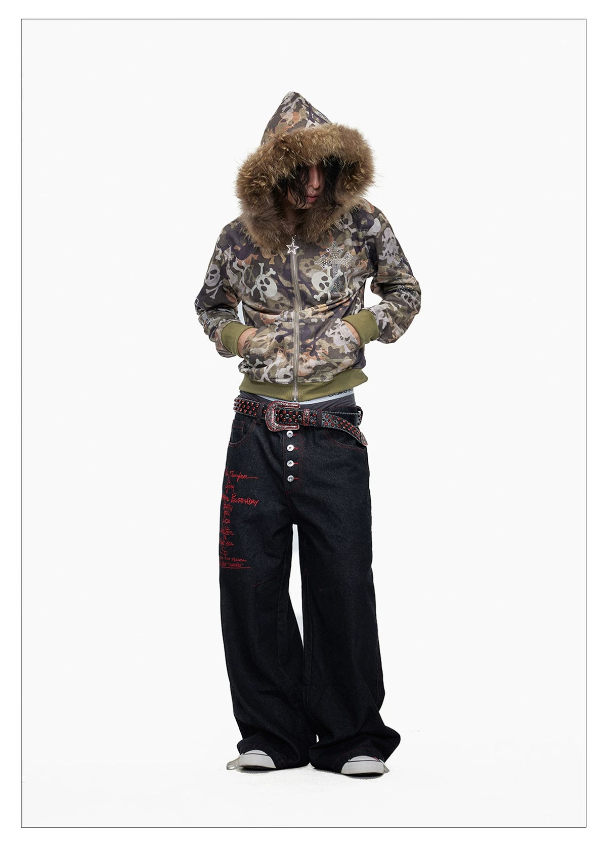 Skull Camo Fur Hood Cropped Zip Jacket - side view