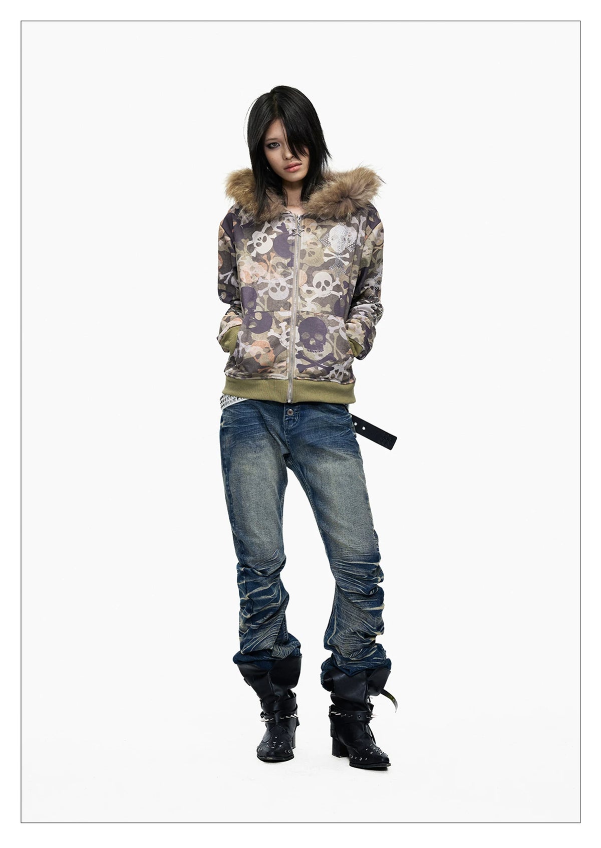 Skull Camo Fur Hood Cropped Zip Jacket - styled with washed jeans