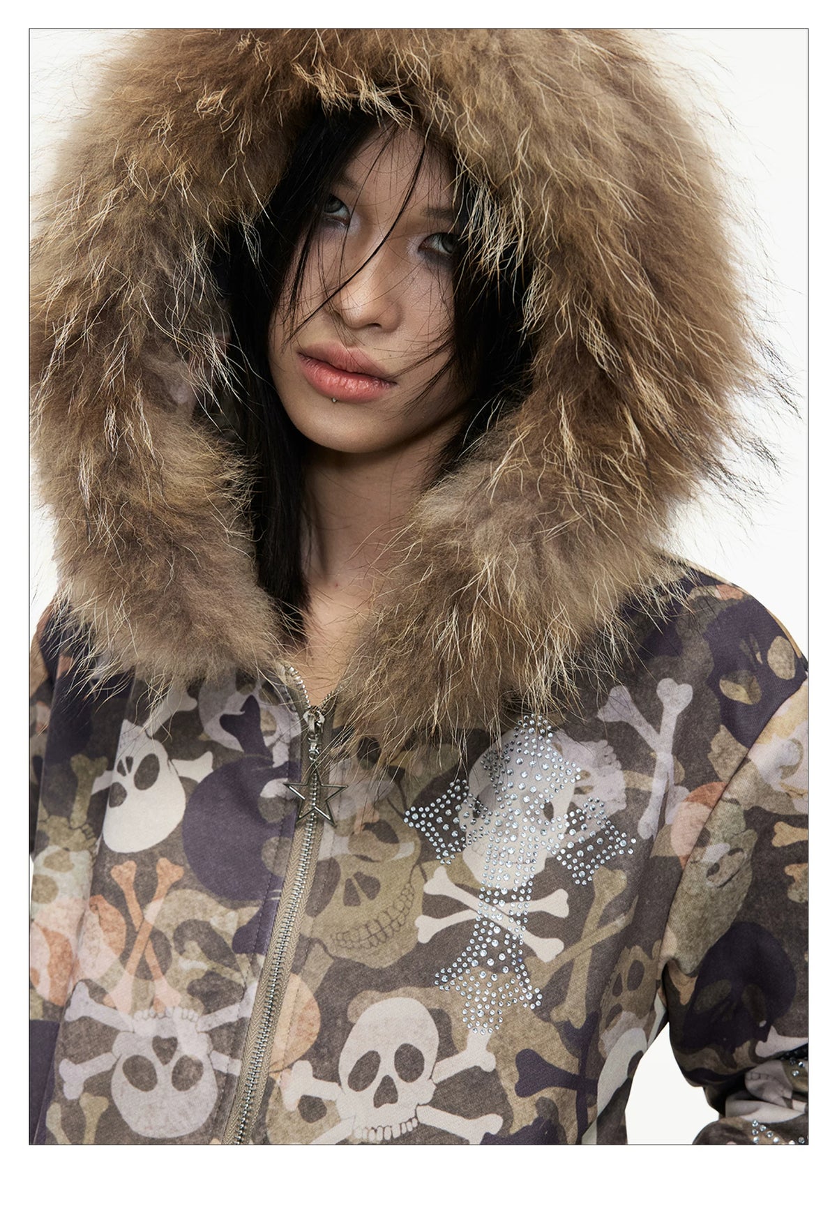Skull Camo Fur Hood Cropped Zip Jacket - hood side view
