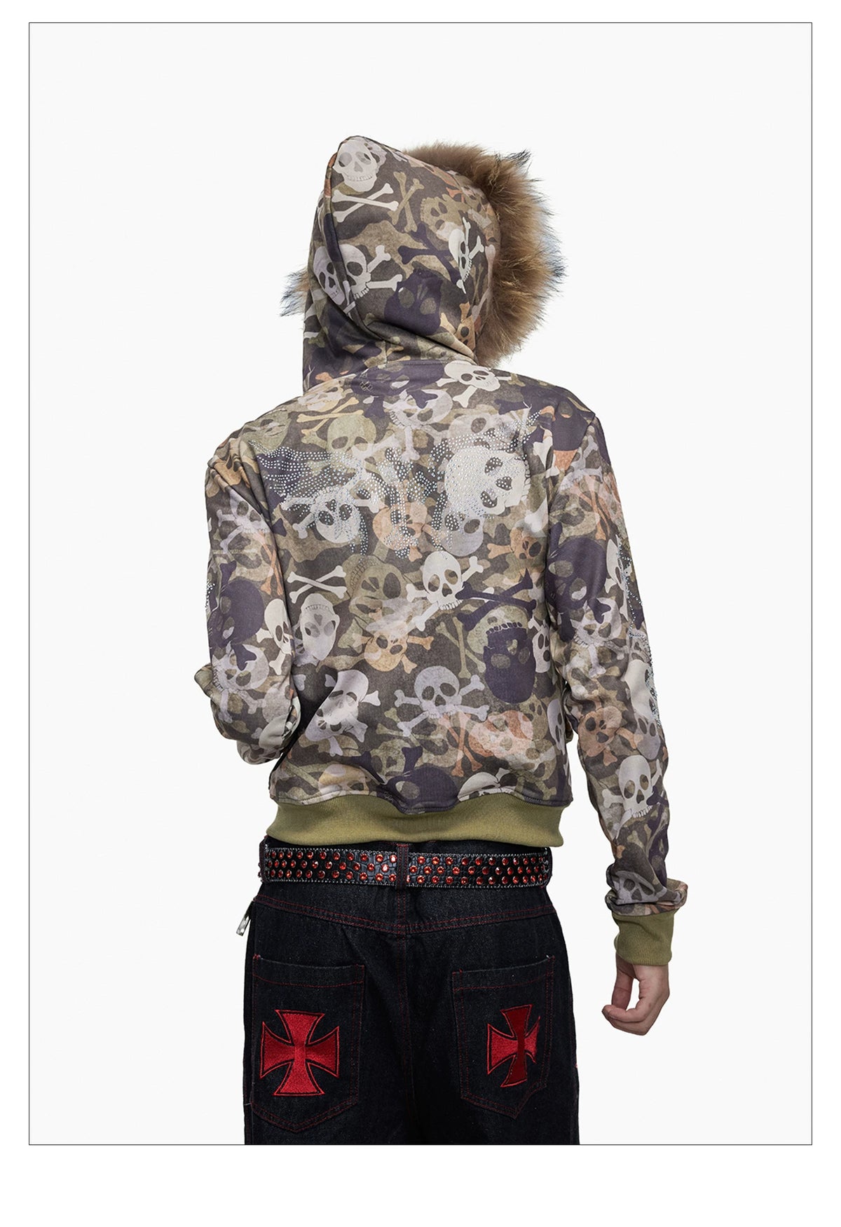 Skull Camo Fur Hood Cropped Zip Jacket - back hood detail
