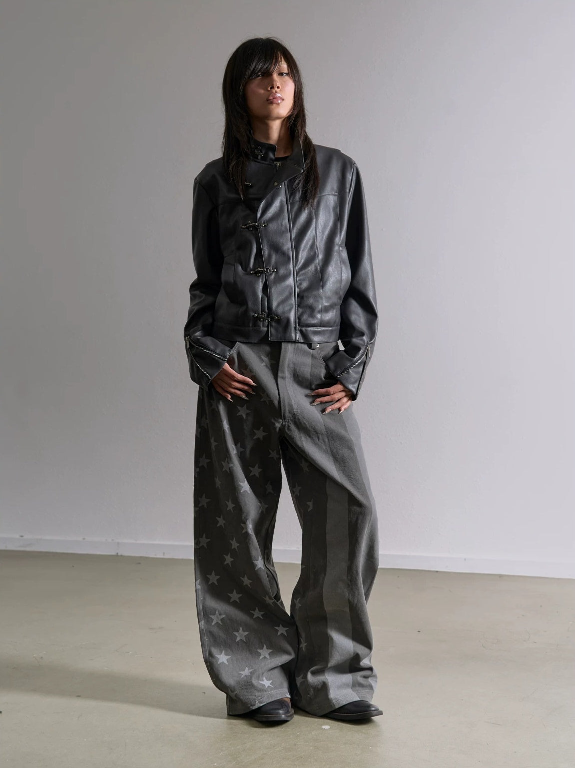 Star Stripe Flag Print Washed Wide Leg Pants - styled full look front