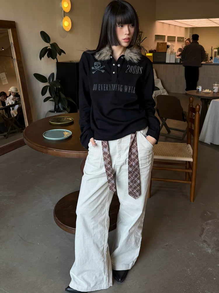 Faux Fur Collar Cropped Long Sleeve Polo - Black front styled