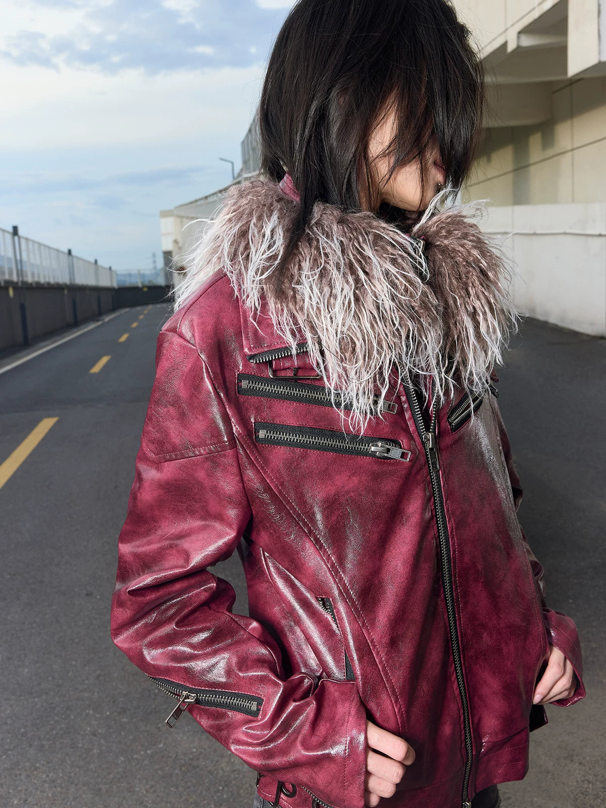 Lightinus Detachable Fur Collar Multi-Zip Faux Leather Jacket - Wine Red fur collar street