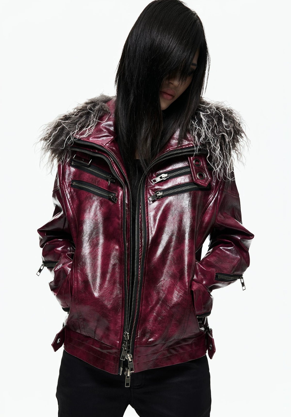 Lightinus Detachable Fur Collar Multi-Zip Faux Leather Jacket - Wine Red fur collar close-up