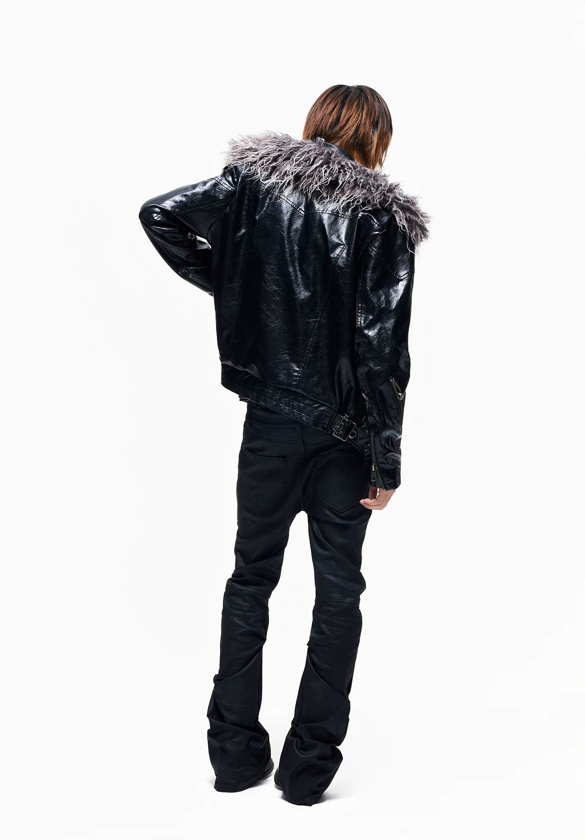 Lightinus Detachable Fur Collar Multi-Zip Faux Leather Jacket - Black fur collar back