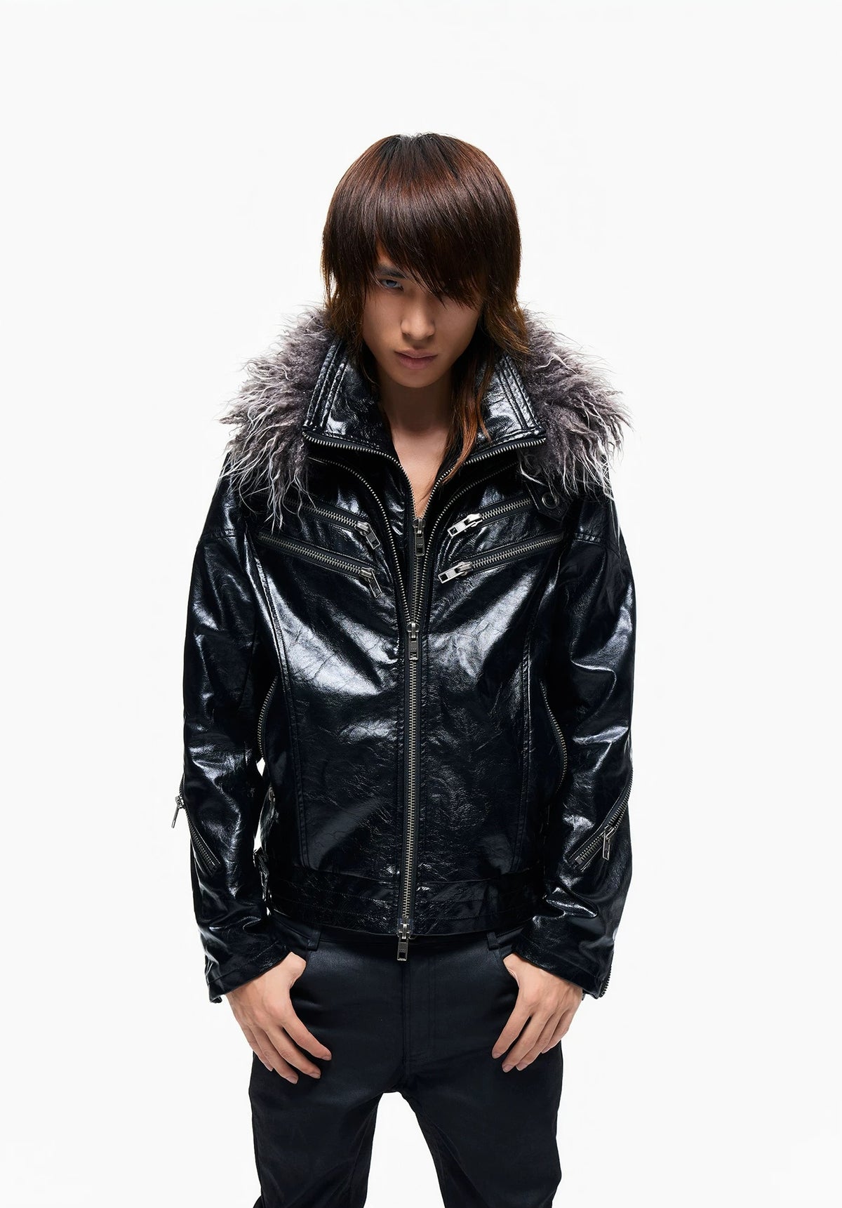 Lightinus Detachable Fur Collar Multi-Zip Faux Leather Jacket - Black with fur collar front