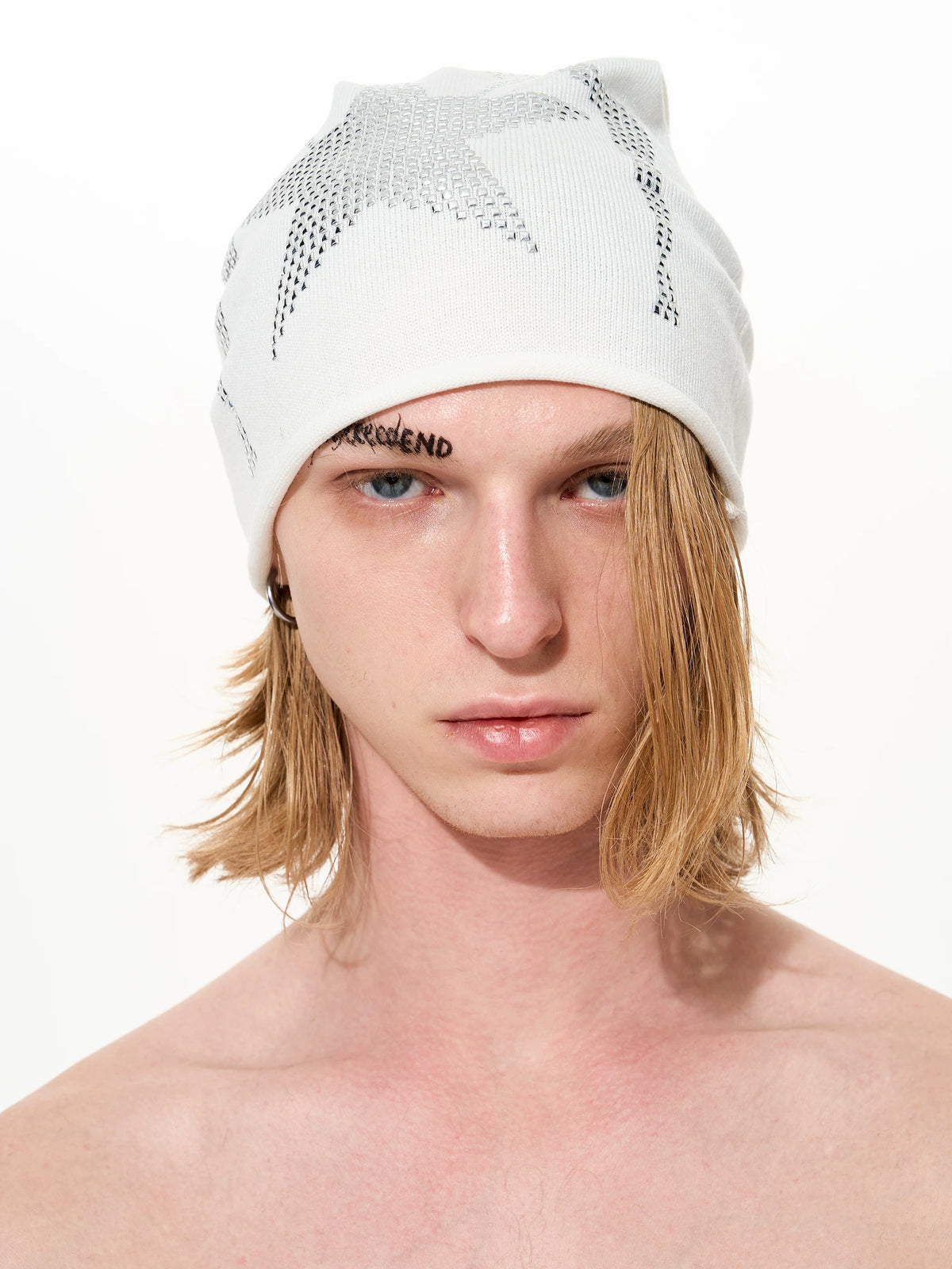 Rhinestone Star Pin-Up Beanie - White front