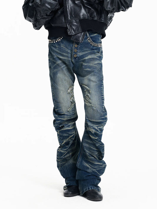 Lightinus Studded Cracked Wash Stacked Saber Jeans - Ice Blue front