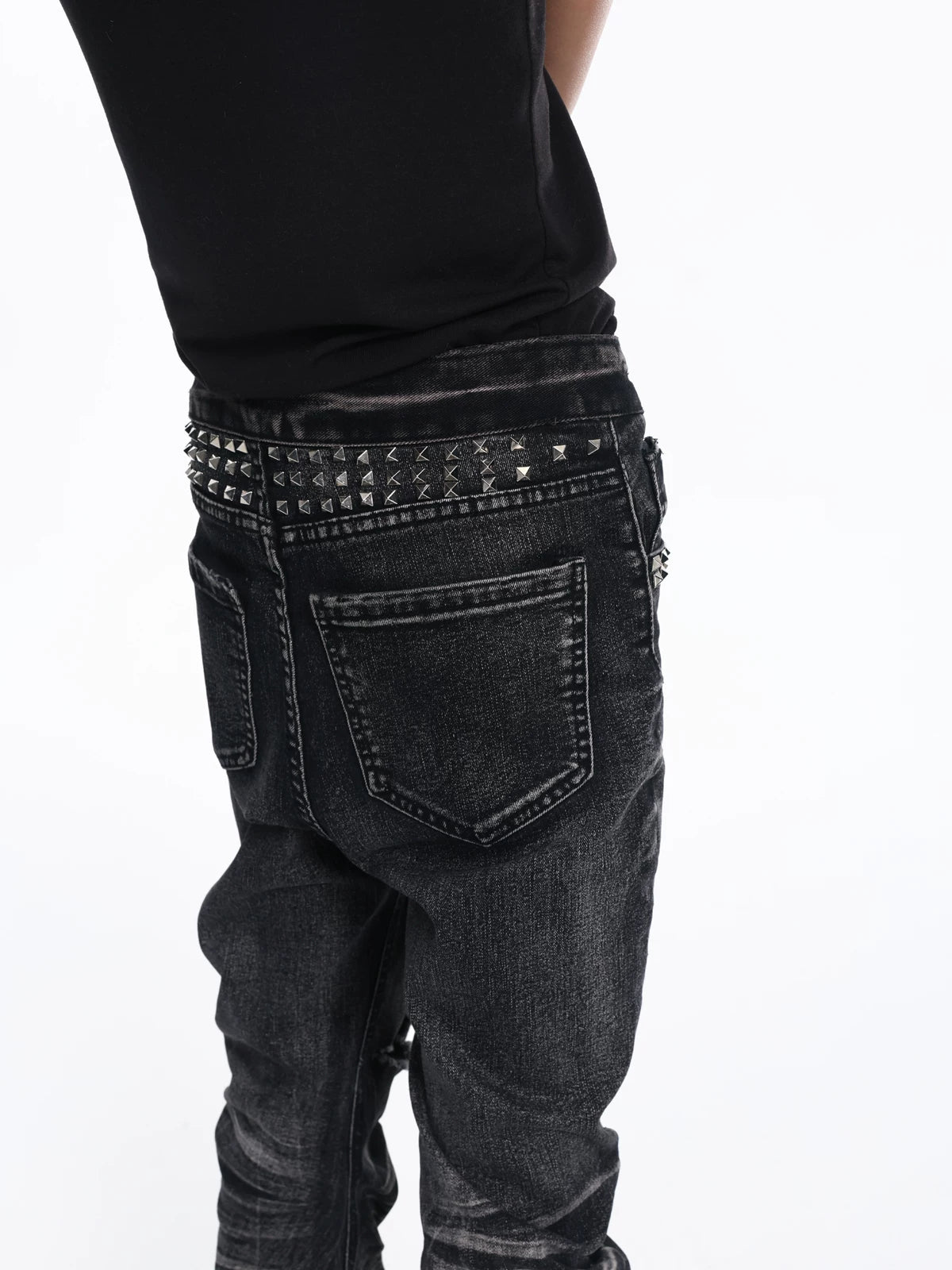 Cracked Wash Whiskered Stacked Saber Fit Jeans - Black front close-up