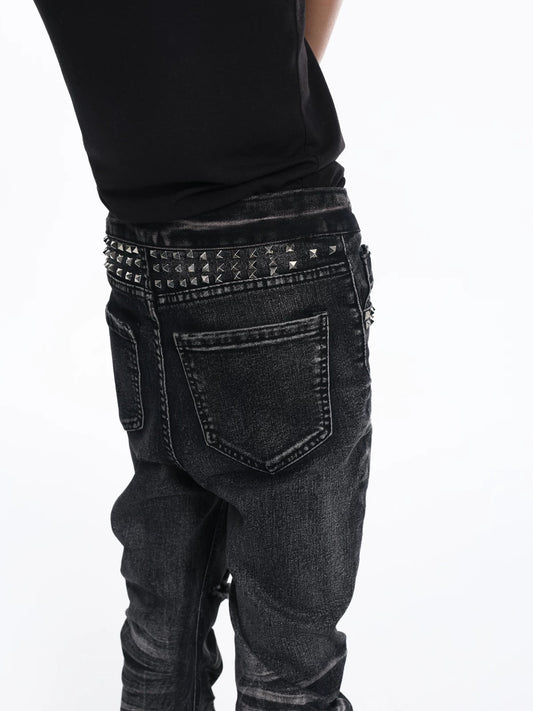 Lightinus Studded Cracked Wash Stacked Saber Jeans - Black back studded waistband