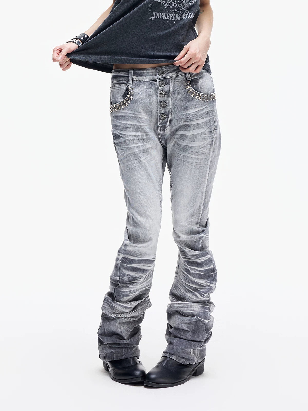 Lightinus Studded Cracked Wash Stacked Saber Jeans - Smoke Gray front