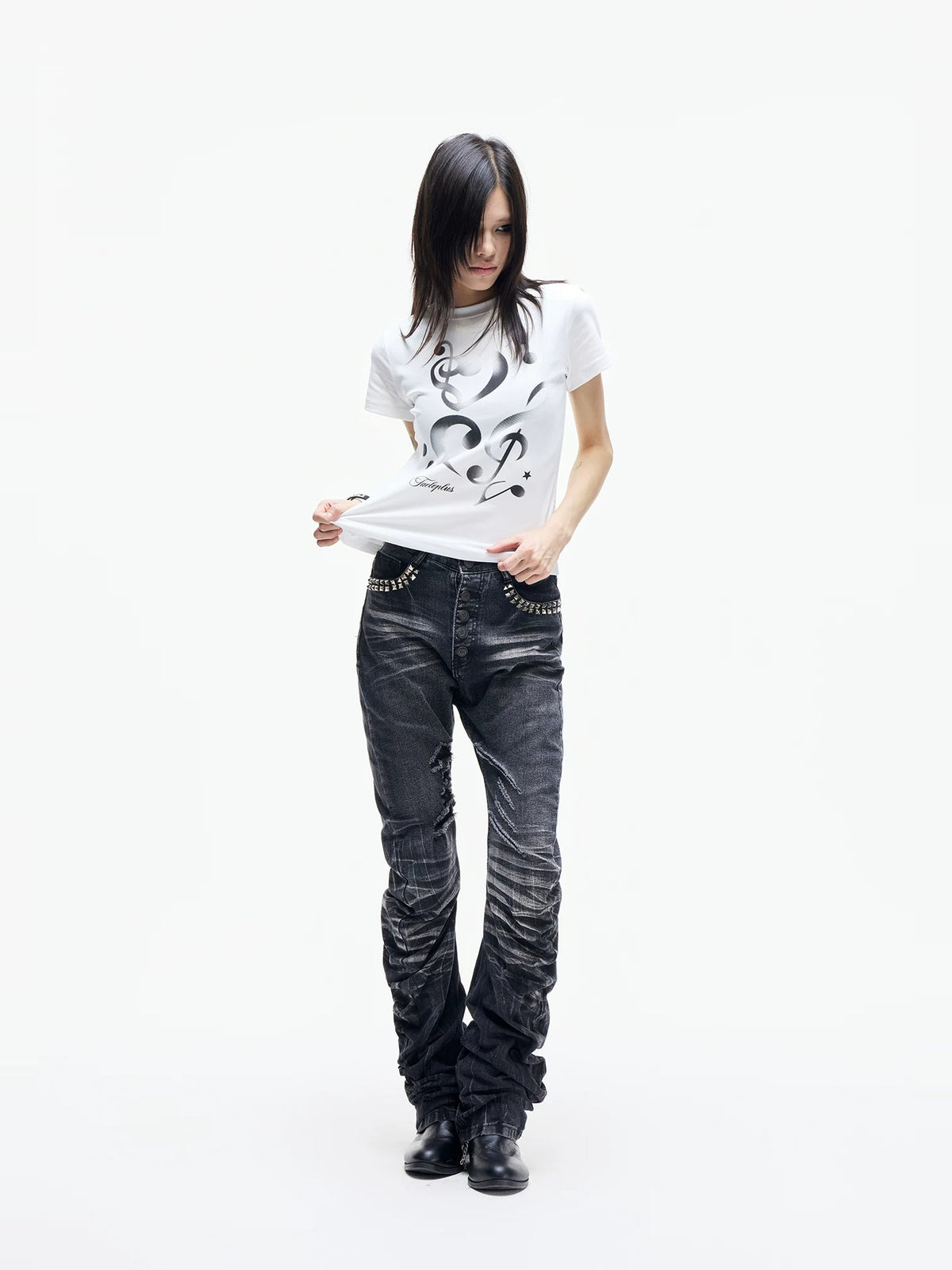 Cracked Wash Whiskered Stacked Saber Fit Jeans - Black styled with faux fur jacket