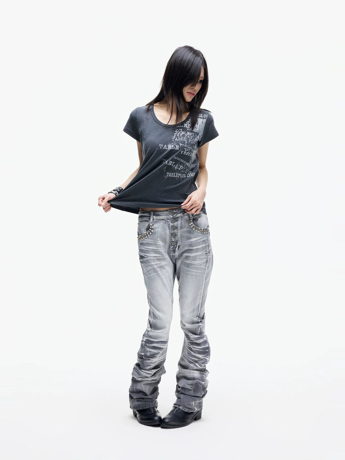 Cracked Wash Whiskered Stacked Saber Fit Jeans - Black side view