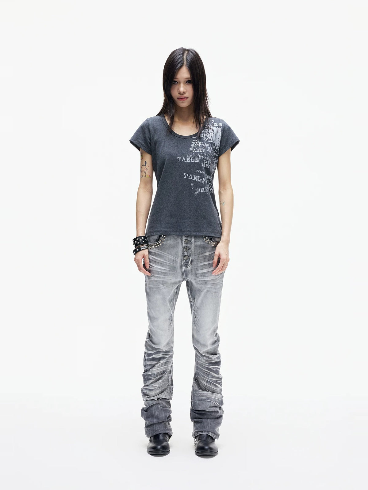 Cracked Wash Whiskered Stacked Saber Fit Jeans - Black flat lay