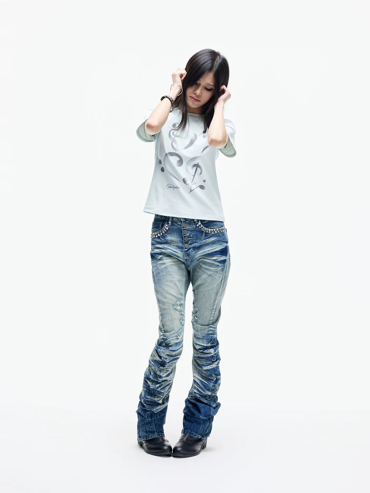 Cracked Wash Whiskered Stacked Saber Fit Jeans - Blue flat lay