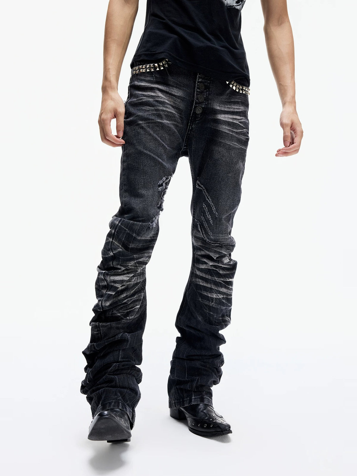 Lightinus Studded Cracked Wash Stacked Saber Jeans - Black front