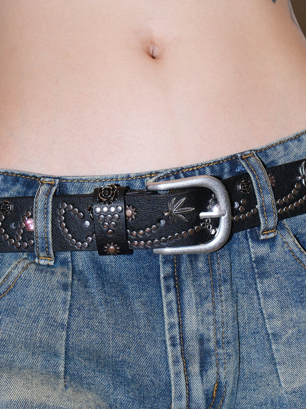 Floral Rhinestone Studded Wide Leather Belt