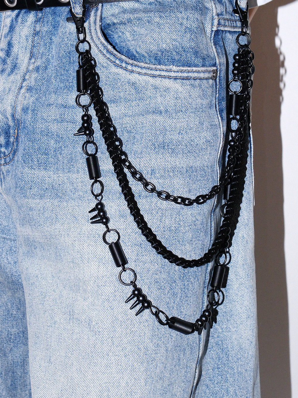 Black Metal Spiked Triple Chain Pants Chain