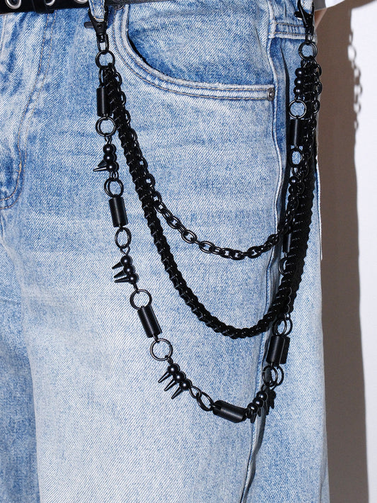 Black Metal Spiked Triple Chain Pants Chain