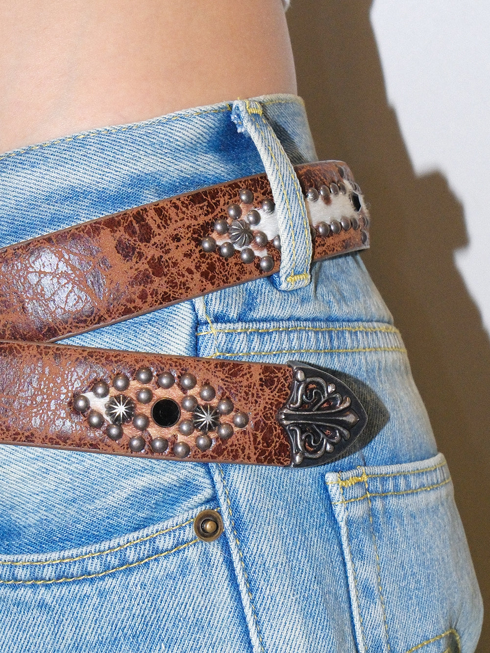 Distressed Studded Engraved Buckle Belt