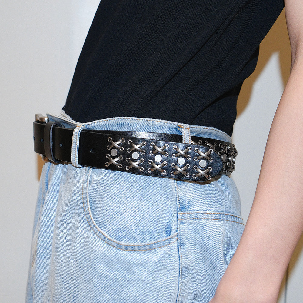 Genuine Leather Thorn Carved Studded Belt