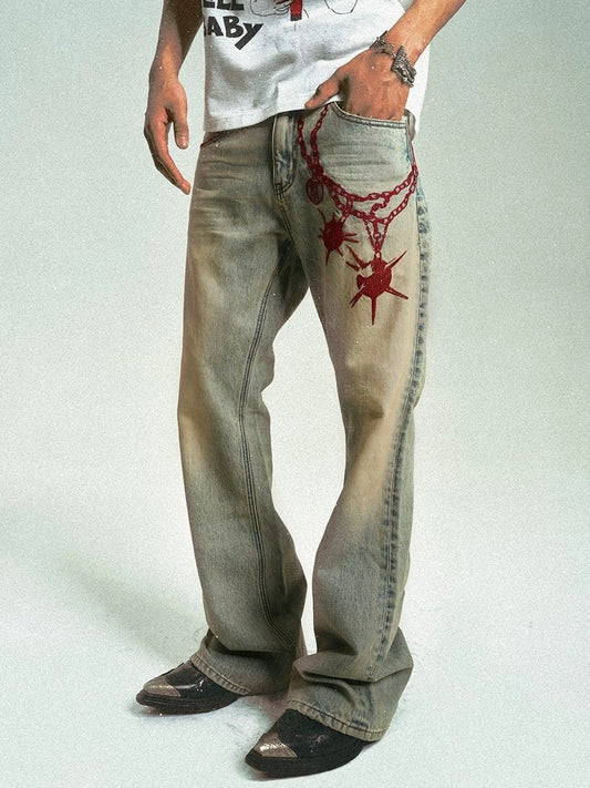 Retro Distressed Jeans with Meteor Mace Chain Embroidery