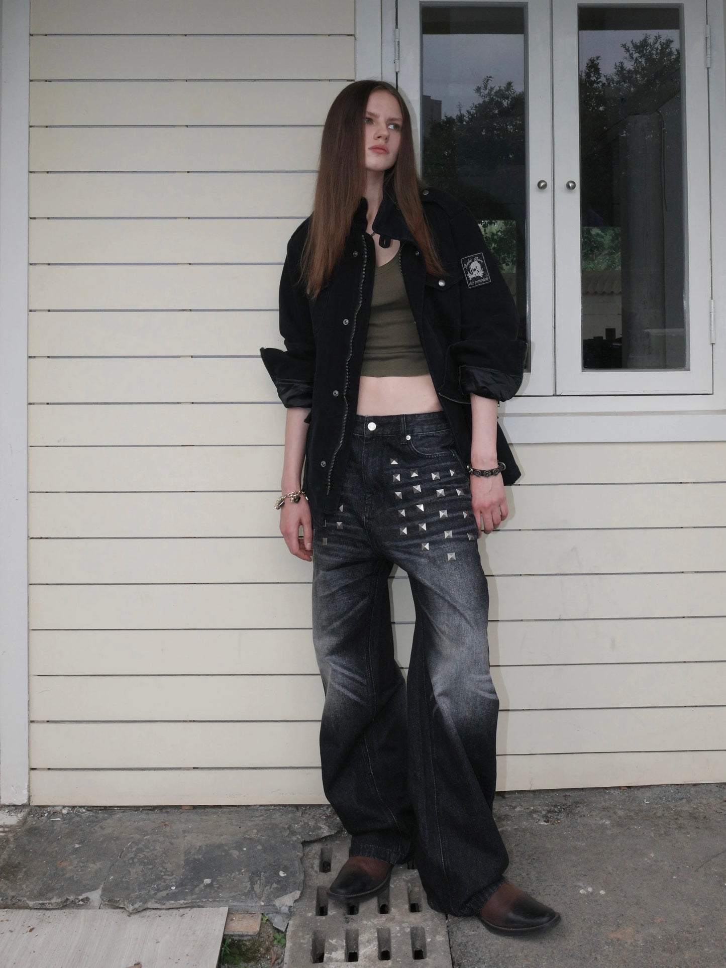 Distressed Whiskered Baggy Straight Jeans