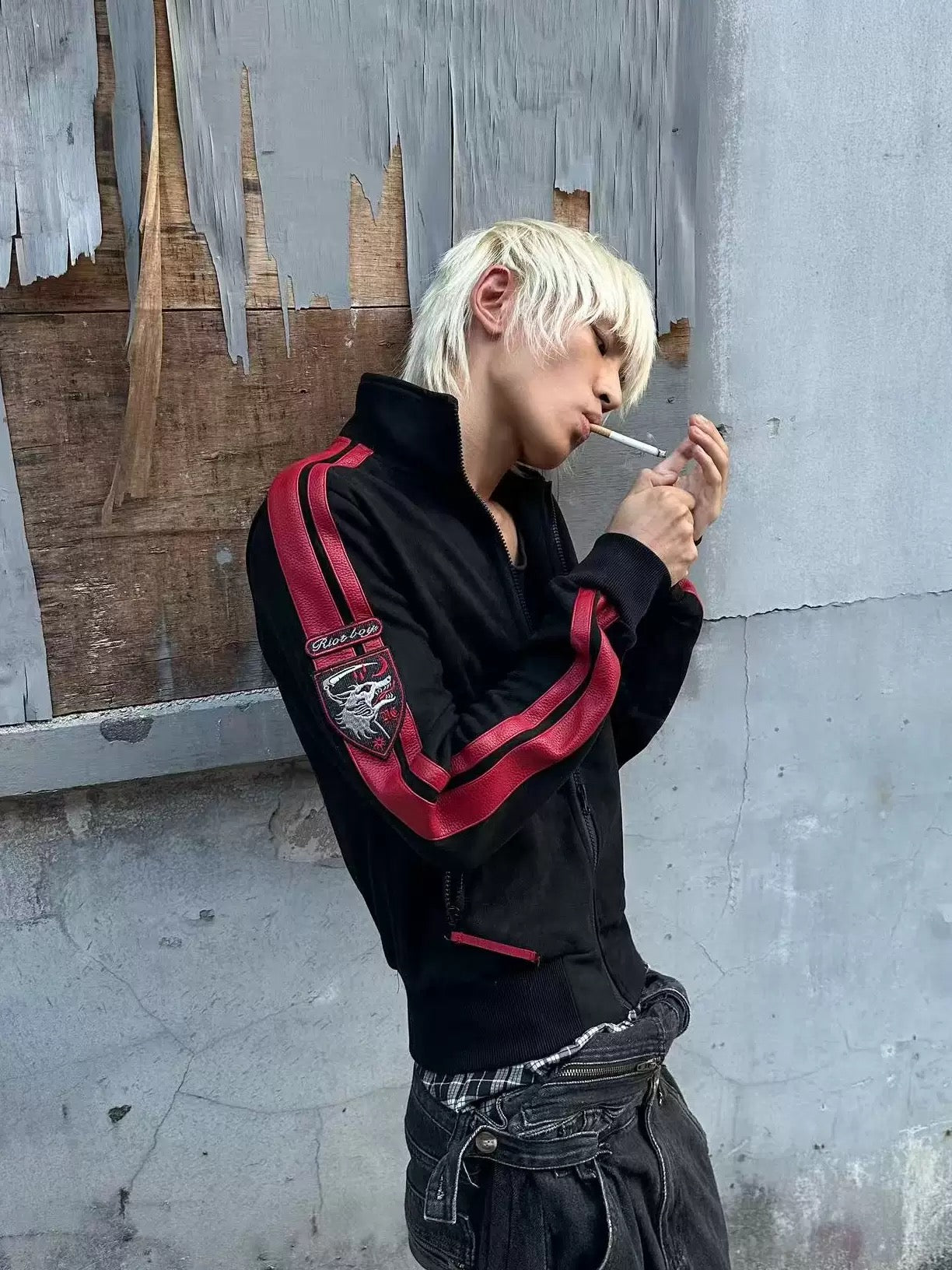 Black Red Patchwork Blood Wolf Suede Jacket