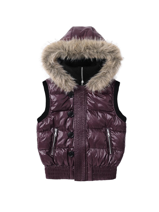 Night Lab 2026 Y2K Purple Fur Collar Puffer Vest - Oversized Vintage Duck Down Gilet