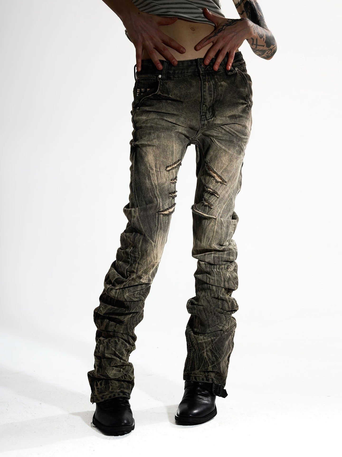 Night Lab 2026 "Banana Cut" Khaki Denim - Vintage Rock Aesthetic Slim Stacked Trousers