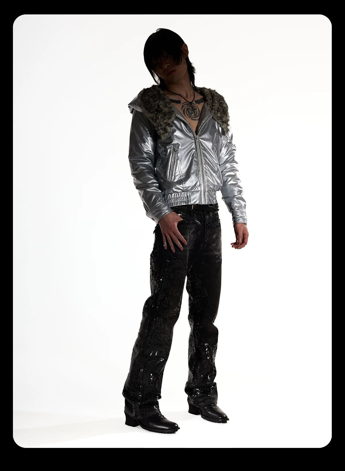 Metallic Silver "Devil" Bomber - Visual Kei High Collar Padded Jacket
